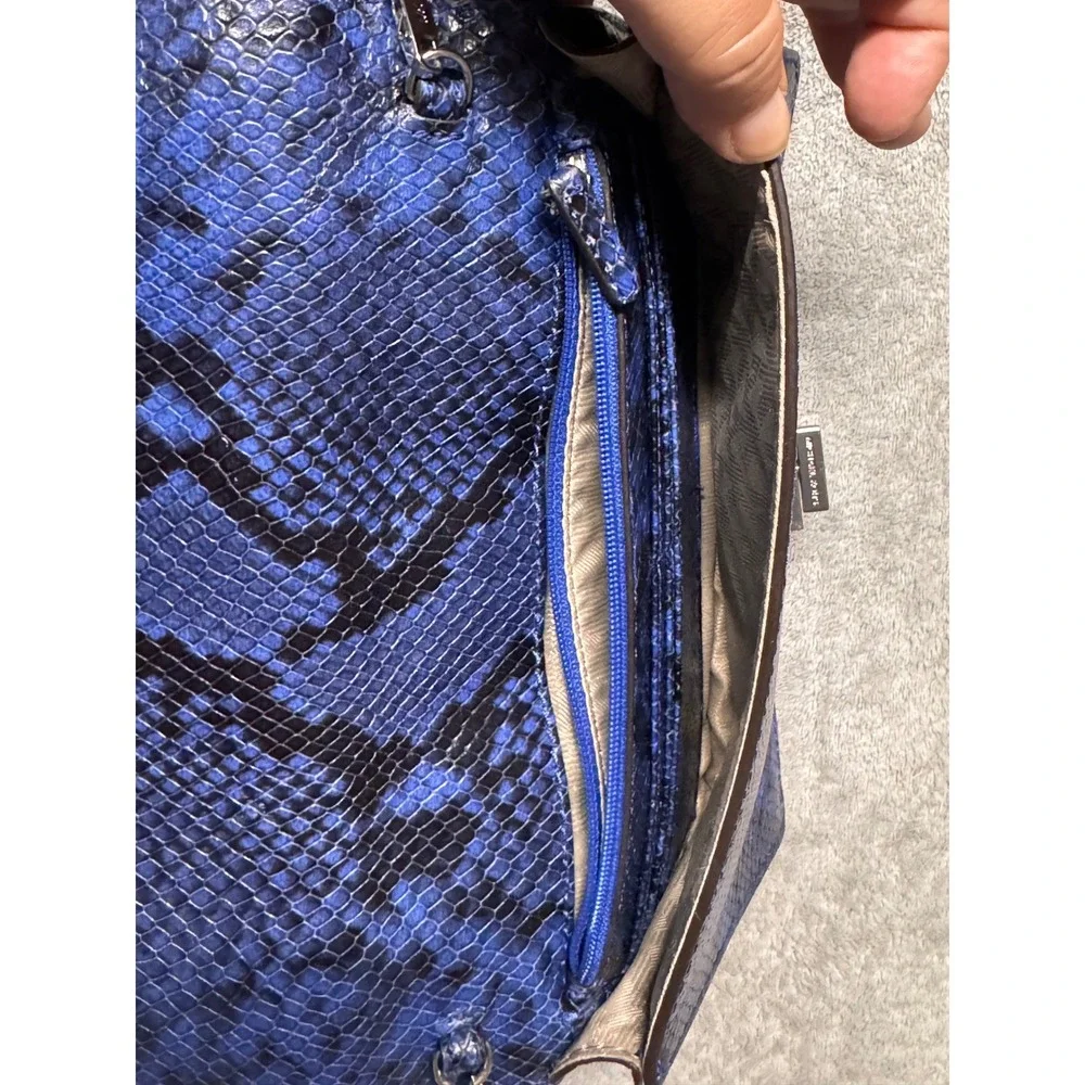 Michael Kors Ellie MD Shoulder Flap Clutch Bag Blue Snake Print Embossed Leather